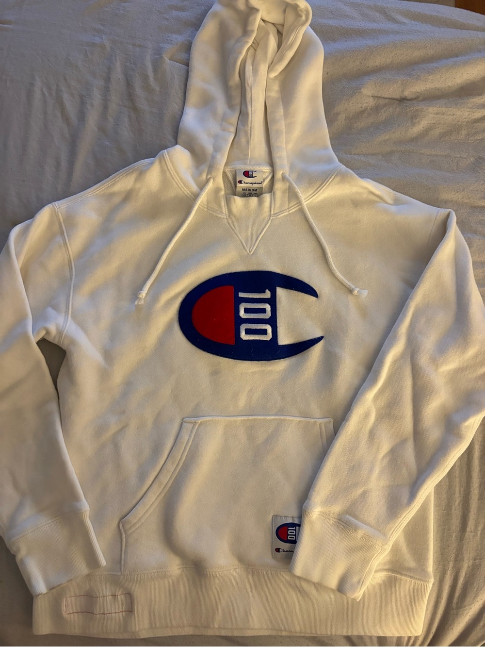 Champion White Hoodie with Blue and Red Chest Logo